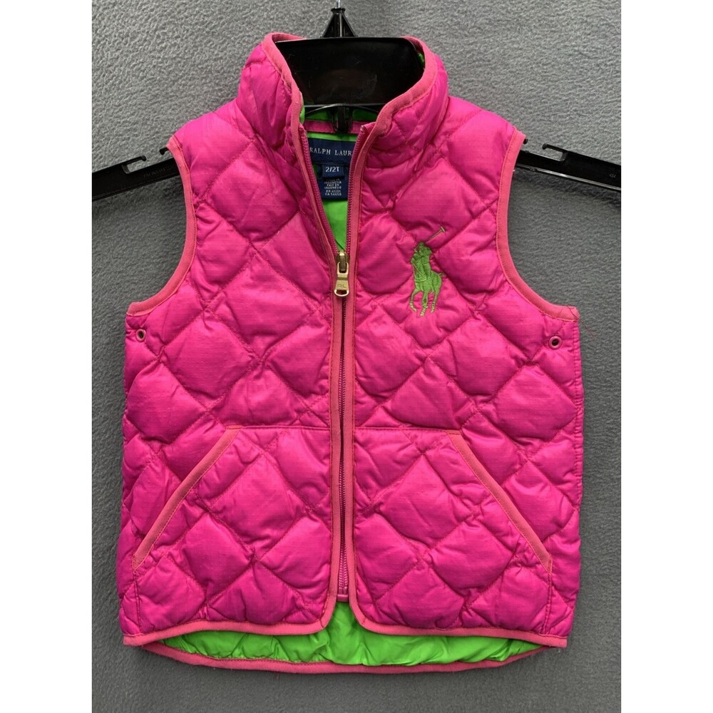 Polo Ralph Lauren Down Puffer Vest Girls 2T Pink Green Big Pony Quilted Full Zip